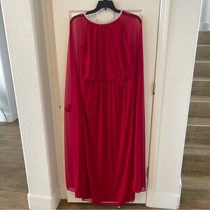 R&M Richards Sheer Cape Vibrant Red Dress with Embellished Trim